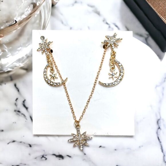 Custom Set l 8-Point Star Rhinestone Necklace & Dangle Drop Earrings l New l - Picture 1 of 9